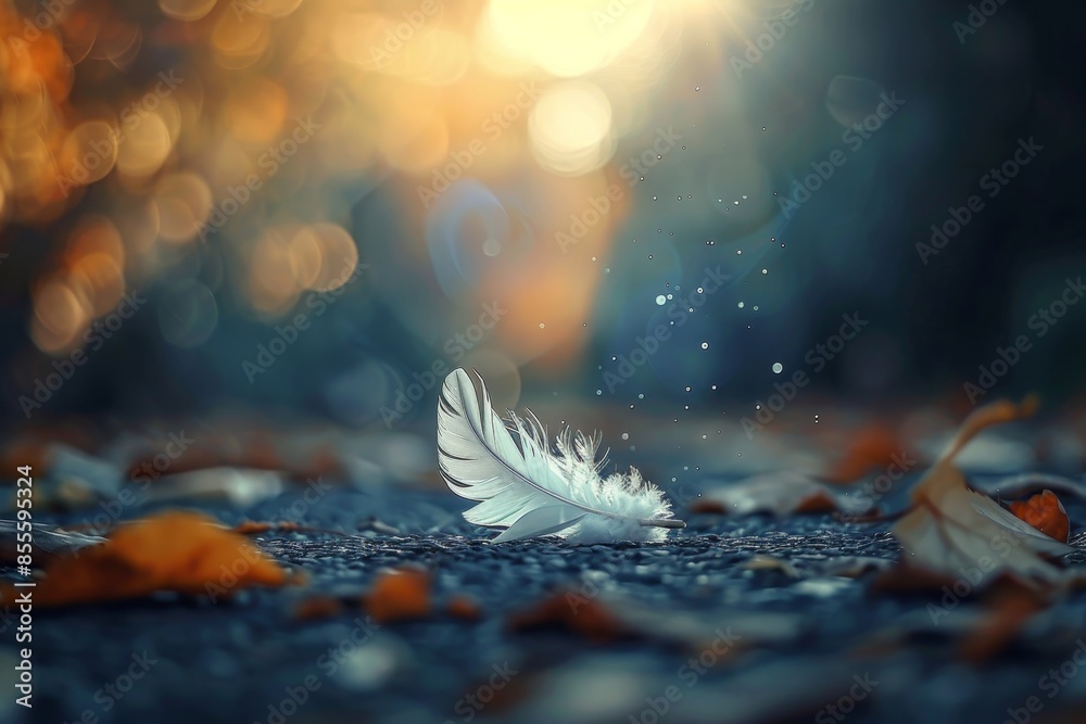 A white feather resting on top of a gravel road, A single feather falling slowly to the ground A white feather resting on top of a gravel road, A single feather falling slowly to the ground