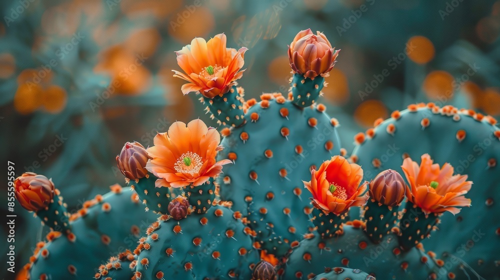 Orange flowers of a prickly pear cactus in the foreground with blurred orange flowers in the background