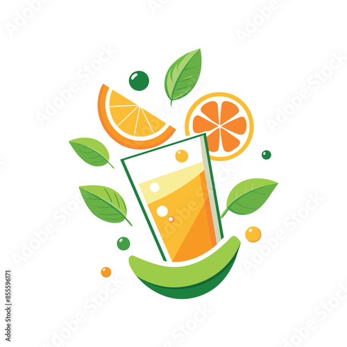 A minimalist juice bar logo featuring a glass of orange juice surrounded by orange slices and green leaves on a white background
