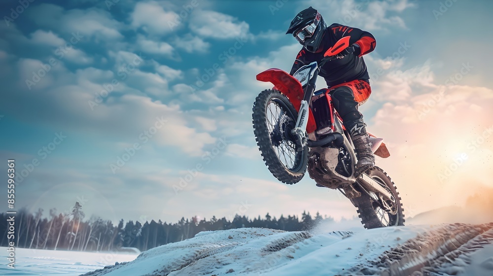 Extreme motocross Rider riding. motocross race bike in action on dirt track. in winter. by ai generative Extreme motocross Rider riding. motocross race bike in action on dirt track. in winter. by ai generative