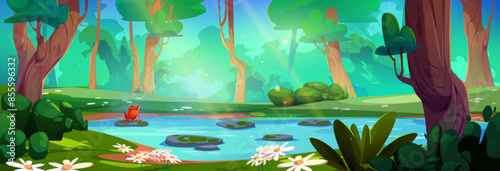 Jungle forest lake. River water cartoon vector. Pond in deep green rainforest scenery with tropical flower and grass. Panoramic riverside environment with magic frog in wildlife woods for game