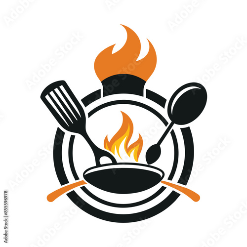 A minimalist restaurant logo design featuring a black frying pan with flames beneath it, a spatula, and a spoon