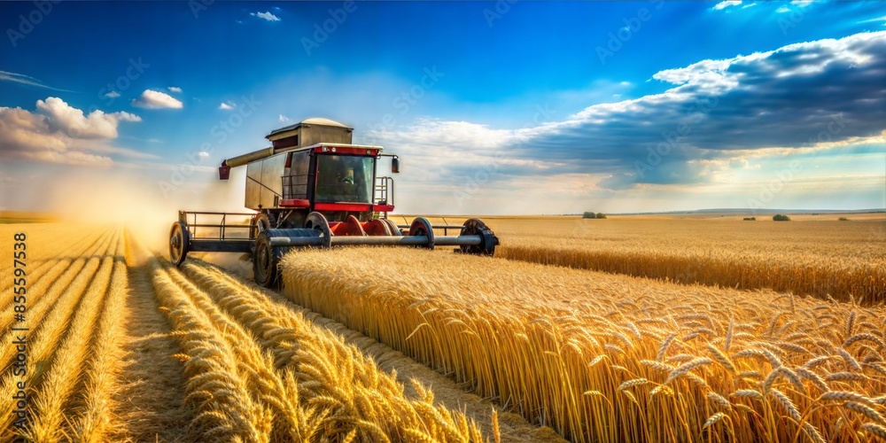 Fototapeta premium a wheat field with a combine harvester on the left with a large expanse of clear sky