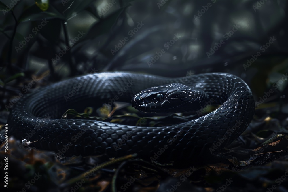 Obraz premium A black snake is curled up on the ground in a natural setting, A sleek, black snake slithering through a dark forest