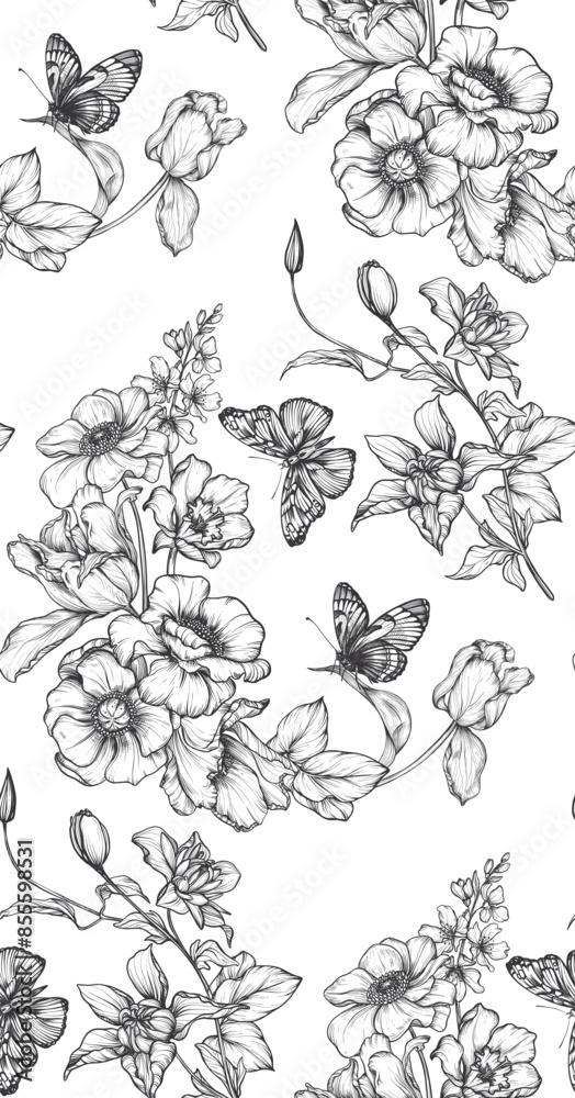Beautiful hand drawn vector seamless pattern with black and white garden flowers, butterflies. Endless background with spring garden plants Beautiful hand drawn vector seamless pattern with black and white garden flowers, butterflies. Endless background with spring garden plants