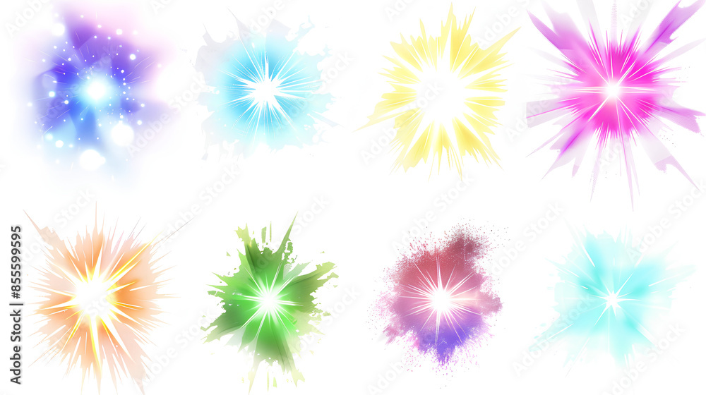 Glowing color light flair set. Isolated white background. Various colors of glowing lens flair. Fantasy collection. Light burst. Vibrant glowing color Glowing color light flair set. Isolated white background. Various colors of glowing lens flair. Fantasy collection. Light burst. Vibrant glowing color