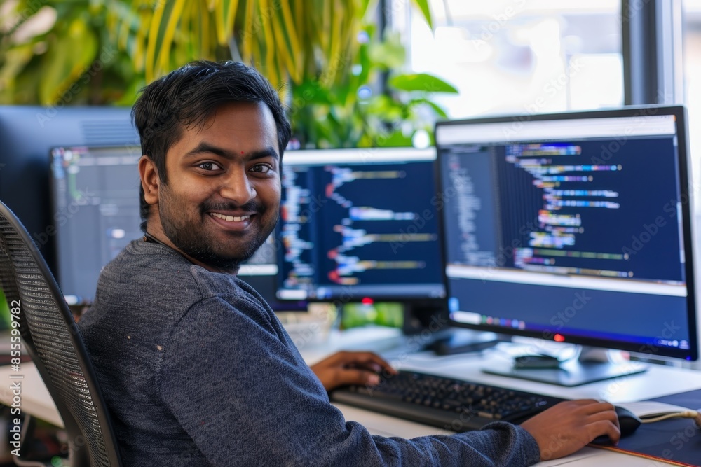 An Indian man is smiling while debugging code on two computer monitors, A smiling Indian man debugging code on multiple computer screens An Indian man is smiling while debugging code on two computer monitors, A smiling Indian man debugging code on multiple computer screens