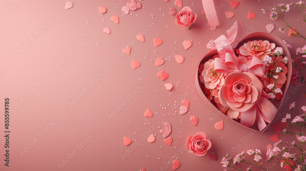 Heart shaped gift boxes of different colors with colorful flowers and background
Heart shaped gift boxes of different colors with colorful flowers and background