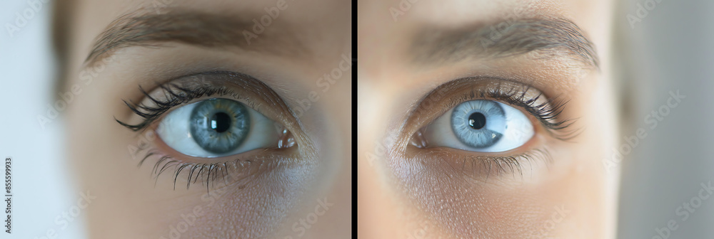 Naklejka premium close-up of human eyes, highlighting intricate iris patterns and delicate eyelashes. before after clear vision 