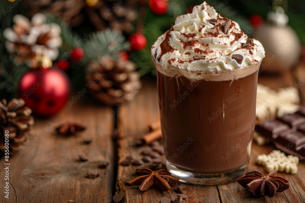 Whipped Cream Topped Hot Chocolate With Cinnamon Stick on Wooden Table in Front of Christmas Tree Whipped Cream Topped Hot Chocolate With Cinnamon Stick on Wooden Table in Front of Christmas Tree