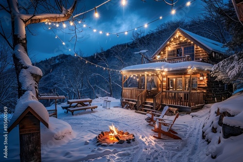 A cabin nestled in snowy mountains with a fire pit glowing outside, A snowy mountain cabin adorned with twinkling lights and a cozy fire pit photo