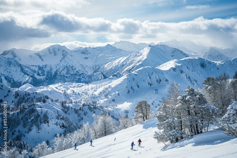 Fototapeta premium A group of individuals are skiing down a snow-covered slope in a mountainous landscape, A snowy mountain landscape with skiers in the distance