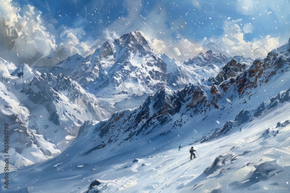 Fototapeta premium A painting of a man skiing down a snowy mountain, A snowy mountain landscape with skiers in the distance