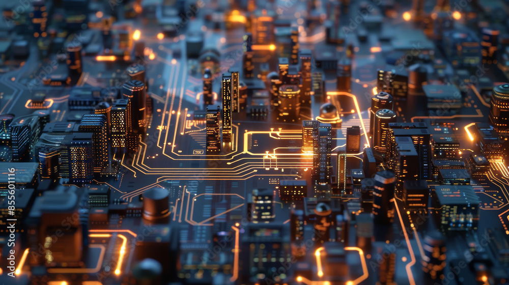 Futuristic city illuminated on circuit board, smart city Futuristic city illuminated on circuit board, smart city