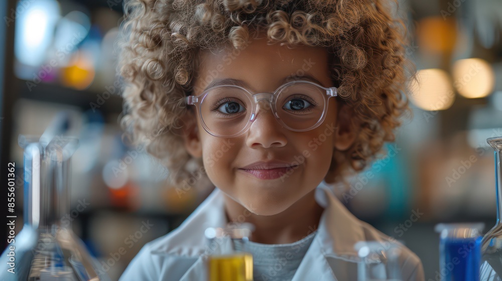 Portrait of a cute little scientist excited, holding a test tube, on a blurred lab background. Copy space for text. Portrait of a cute little scientist excited, holding a test tube, on a blurred lab background. Copy space for text.