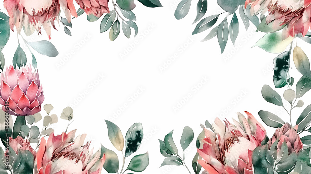 Elegant Watercolor Frame with Pink and Green Leaves Featuring Light Red ...