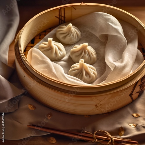 Steaming Tangbao in Bamboo Steamer with Elegant Fabric photo