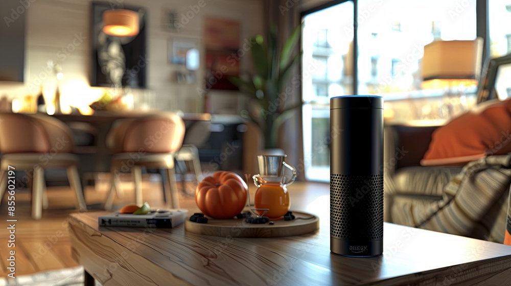 A modern voice assistant device is elegantly placed on a wooden coffee table, seamlessly blending into the home environment among everyday objects. Generative AI A modern voice assistant device is elegantly placed on a wooden coffee table, seamlessly blending into the home environment among everyday objects. Generative AI