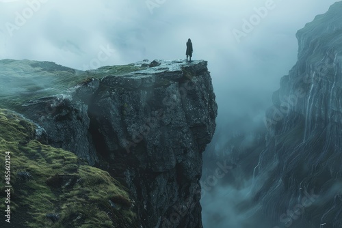 A man stands on the edge of a cliff overlooking the vast landscape below, A solitary figure standing at the edge of a cliff, staring into the abyss