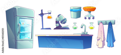 Science laboratory interior furniture and equipment. Cartoon vector set of chemical lab or school tool elements - working desk and fridge with chemistries, glass beaks with liquid and microscope.