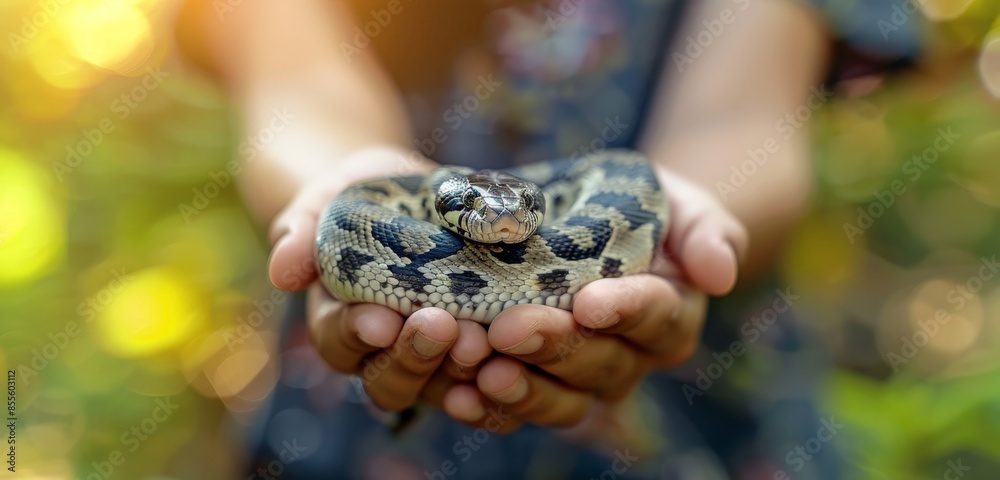 Brave Youth with Friendly Snake - Fearless Teenager Holding Harmless Reptile in Nature Setting Brave Youth with Friendly Snake - Fearless Teenager Holding Harmless Reptile in Nature Setting