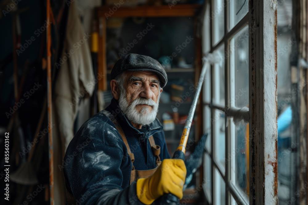 A focused elderly man with a grey beard and a cap, cleaning his workshop during the day