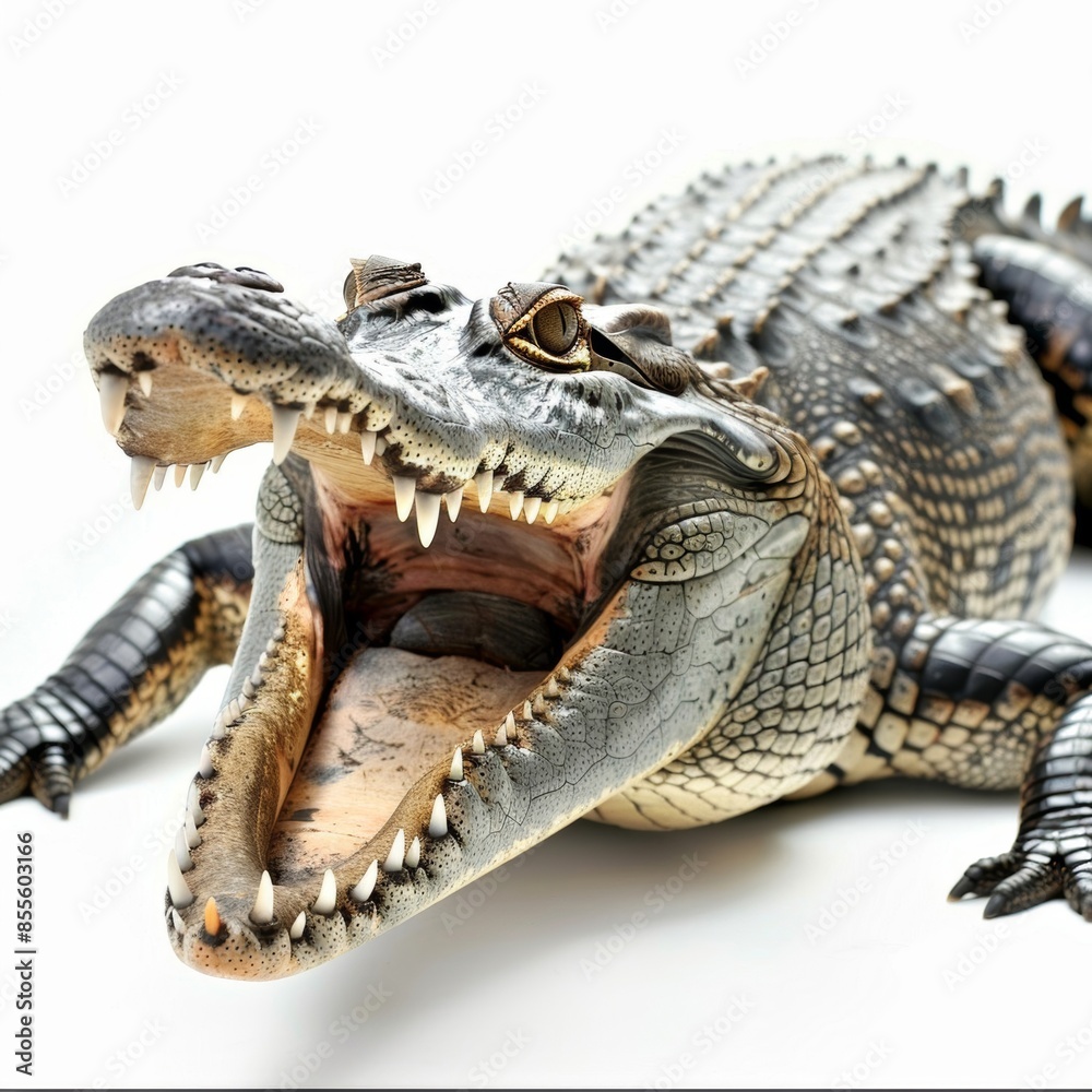 Naklejka premium A realistic illustration of a crocodile with its mouth open, isolated on a white background The crocodile is depicted in a lifelike manner, showcasing its sharp teeth and textured skin