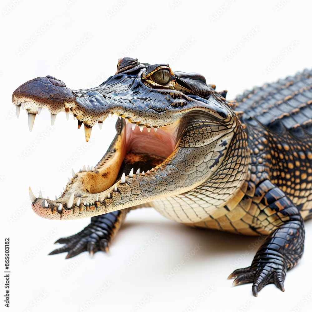 Obraz premium A realistic illustration of a crocodile with its mouth open, isolated on a white background The crocodile is depicted in a lifelike manner, showcasing its sharp teeth and textured skin