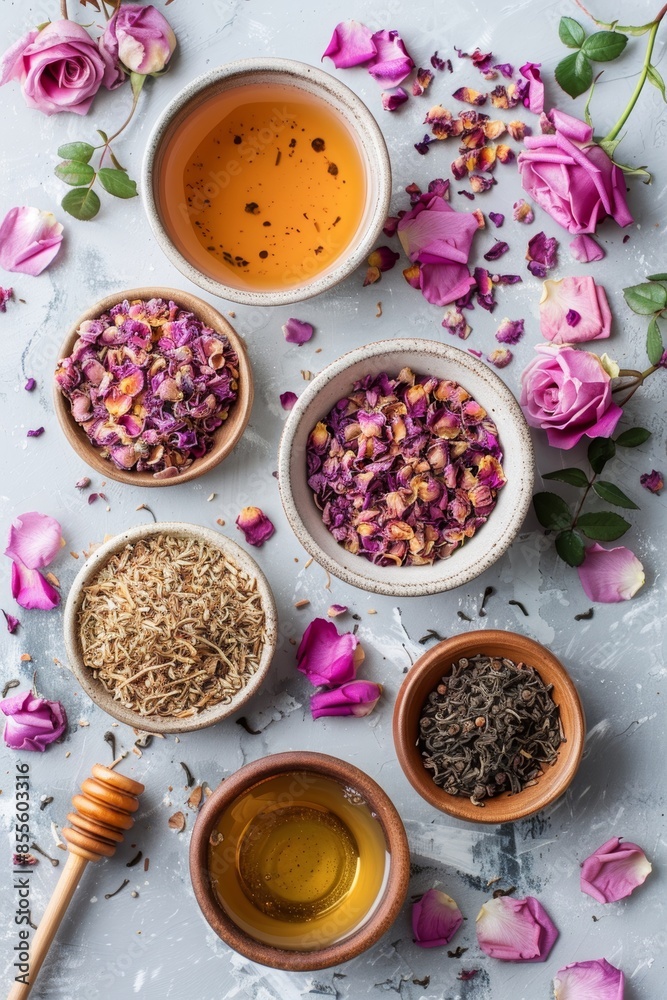 Creative flat lay of rose tea ingredients: dried rose petals, tea leaves, honey, arranged aesthetically, rose tea, ingredient flat lay. Creative flat lay of rose tea ingredients: dried rose petals, tea leaves, honey, arranged aesthetically, rose tea, ingredient flat lay.