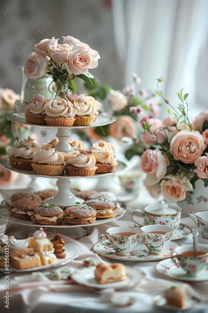 Elegant high tea setting with rose tea, assorted pastries, and vintage crockery, rose tea, high tea elegance. Elegant high tea setting with rose tea, assorted pastries, and vintage crockery, rose tea, high tea elegance.