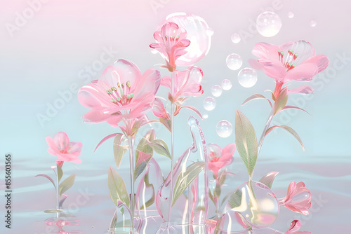 3D Rendering of a pastel pink and blue virtual floral fantasy background, glass flowers, wonderland, futuristic concept