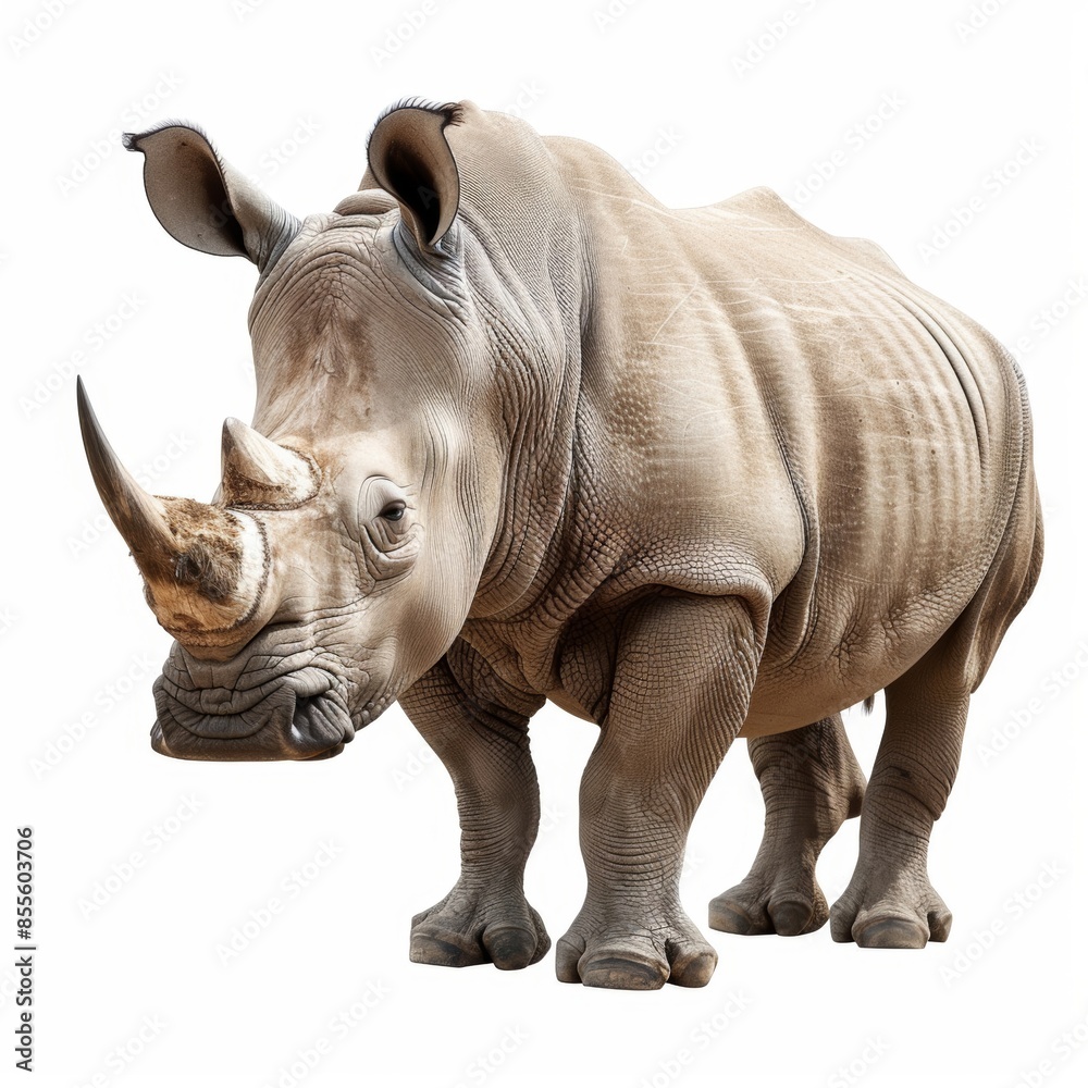 Fototapeta premium A majestic rhinoceros stands strong and alone, isolated on a white background, showcasing its powerful presence and unique features