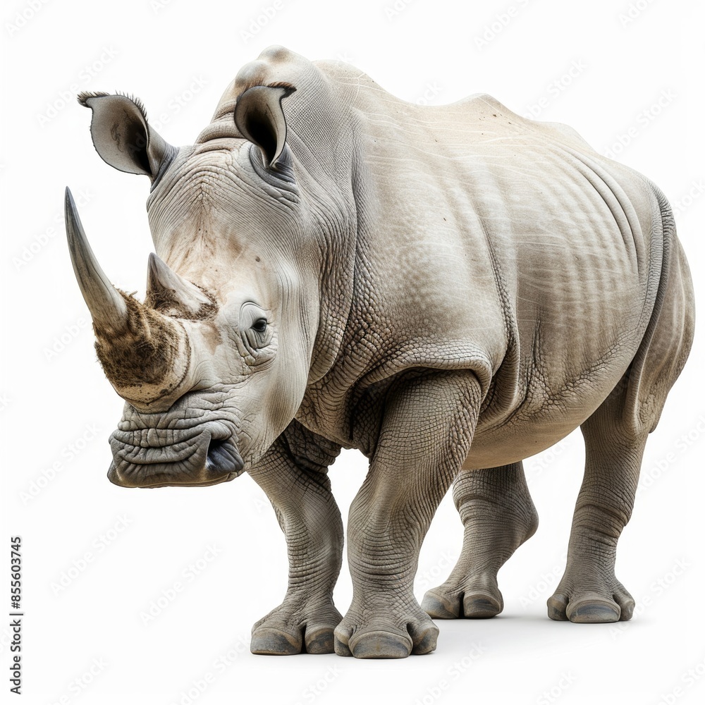 Fototapeta premium A majestic rhinoceros stands strong and alone, isolated on a white background, showcasing its powerful presence and unique features