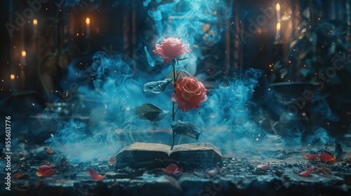 A Rose Blooms From an Ancient Book in a Mystical Setting