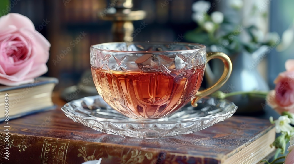 Rose tea in a crystal teacup with gold accents, surrounded by antique books, rose tea, vintage sophistication.