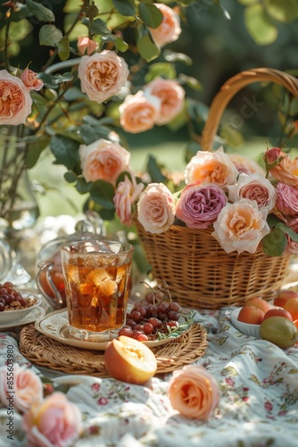 Rose tea on a picnic blanket with a basket of fresh roses and assorted fruits, rose tea, outdoor picnic.