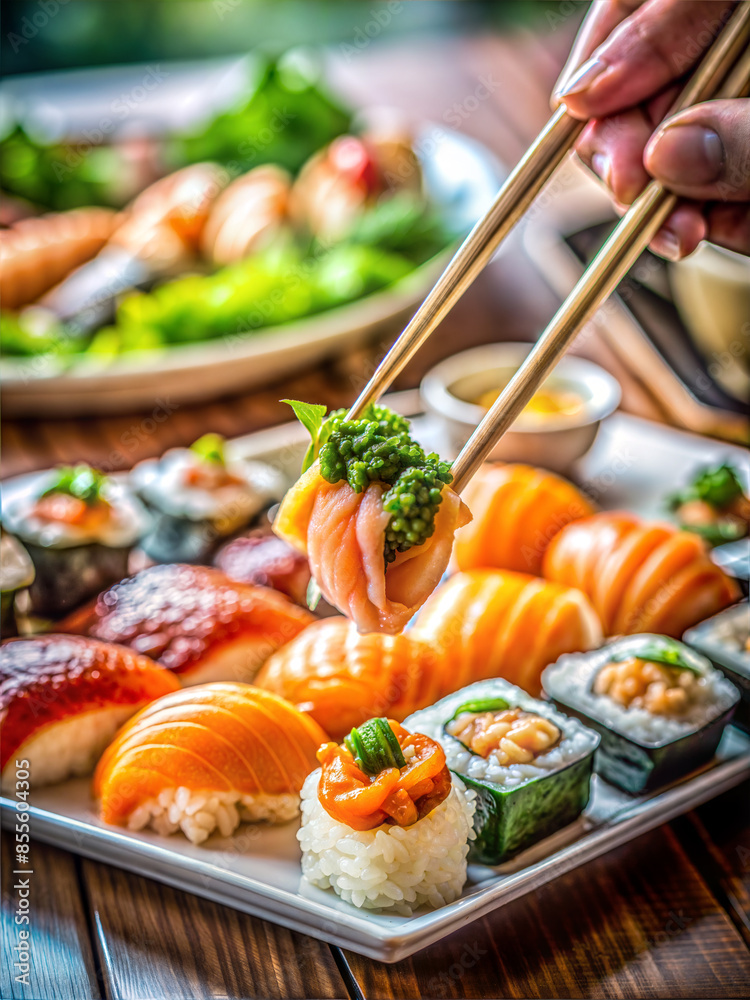 a man takes sushi from a dish with wooden chopsticks - close-up a man takes sushi from a dish with wooden chopsticks - close-up