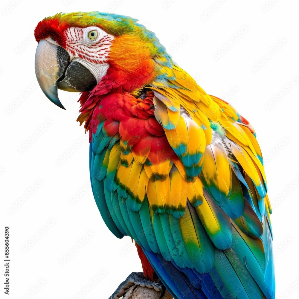Fototapeta premium A parrot with vibrant, colorful plumage isolated on a white background