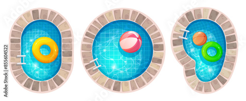 Summer pool top view with water and float inflatable ring vector illustration. Swimming party on poolside aerial 2d image design. Outdoor hotel vacation with safety lifebuoy and bright ball toy