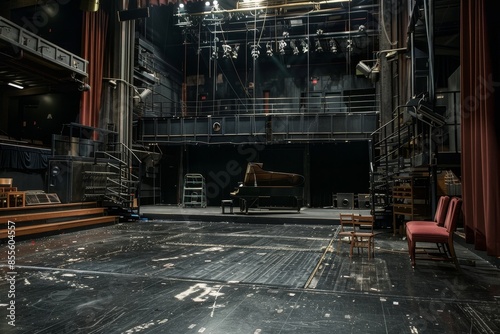 An empty stage featuring a grand piano and chairs, ready for a performance or rehearsal, A spacious orchestra pit below the stage photo