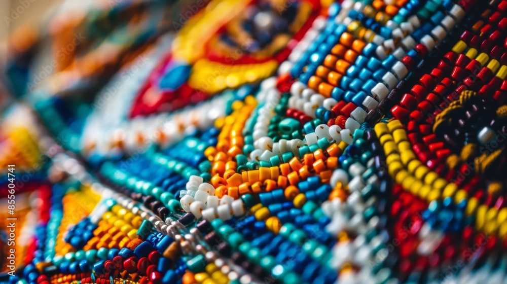 Close-up of colorful beaded pattern with various shades of beads. Indigenous Peoples Day Close-up of colorful beaded pattern with various shades of beads. Indigenous Peoples Day