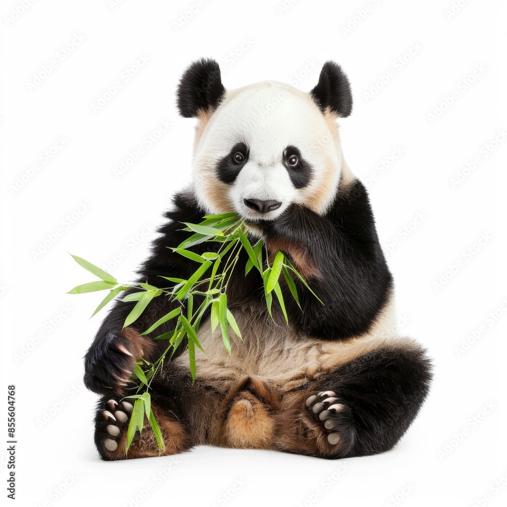 A cute panda bear sitting and peacefully eating bamboo, isolated on a white background A cute panda bear sitting and peacefully eating bamboo, isolated on a white background