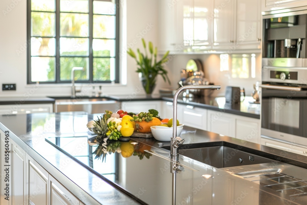 A variety of fresh fruits arranged in a ceramic bowl on a clean kitchen counter, A sparkling clean kitchen with gleaming countertops and polished stainless steel appliances A variety of fresh fruits arranged in a ceramic bowl on a clean kitchen counter, A sparkling clean kitchen with gleaming countertops and polished stainless steel appliances
