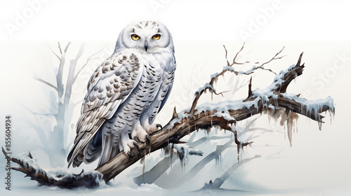 Watercolor illustration of a Snowy Owl perched on a branch with natural background. © NaphakStudio