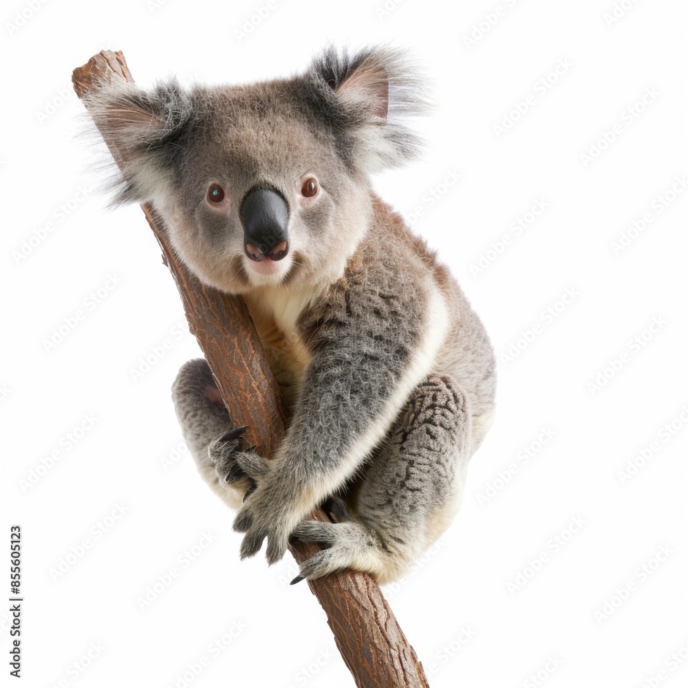 A cute koala clinging to a eucalyptus branch, isolated on a white background A cute koala clinging to a eucalyptus branch, isolated on a white background