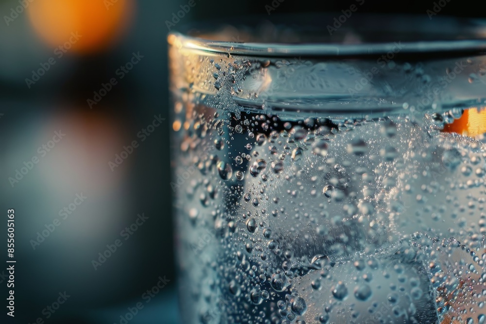 Close up view of a glass of water with bubbles and condensation, A sparkling soda in a frosty glass, with condensation trickling down the sides Close up view of a glass of water with bubbles and condensation, A sparkling soda in a frosty glass, with condensation trickling down the sides