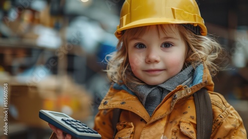 A cute little engineer inventive, holding a calculator, on a blurred construction site background. Copy space for text.