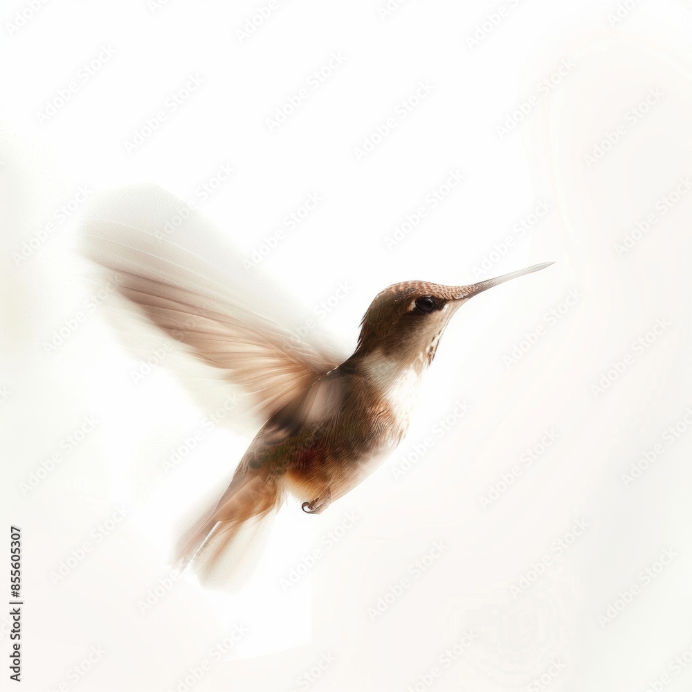 Fototapeta premium A beautiful hummingbird captured in motion, with its wings blurred, isolated on a white background