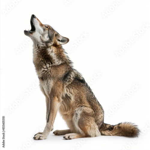 A solitary wolf howling, standing isolated on a white background © Thi