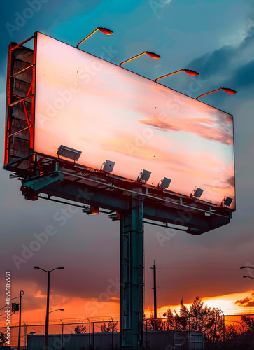 Blank Marketing Billboard Against Dramatic Sunset Sky with Urban Setting Atmosphere - Advertising Space Background photo